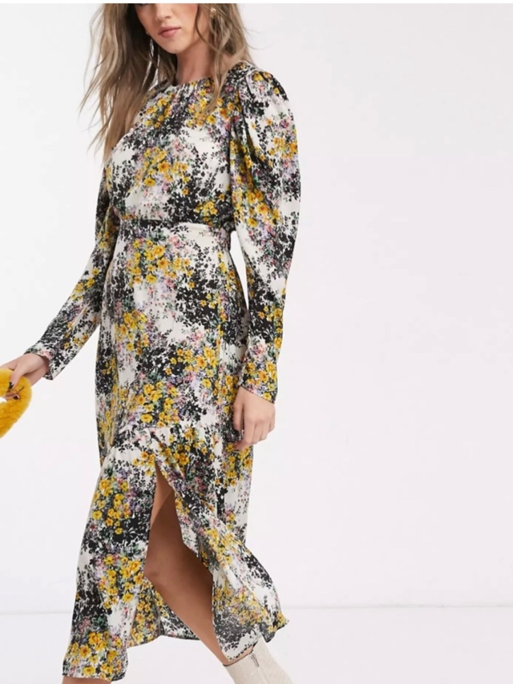 Topshop Yellow and Black Floral Long-Sleeve Midi Dress